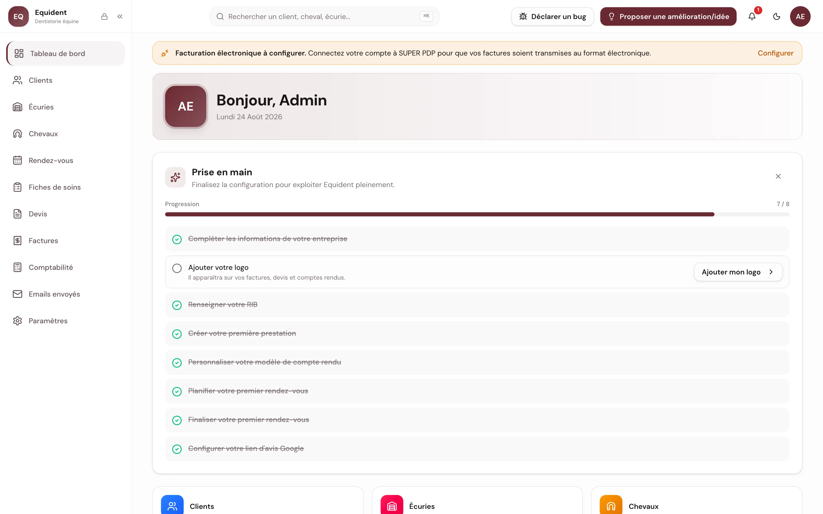 L’encart Prise en main sur le tableau de bord, avec sa barre de progression et ses étapes cochées