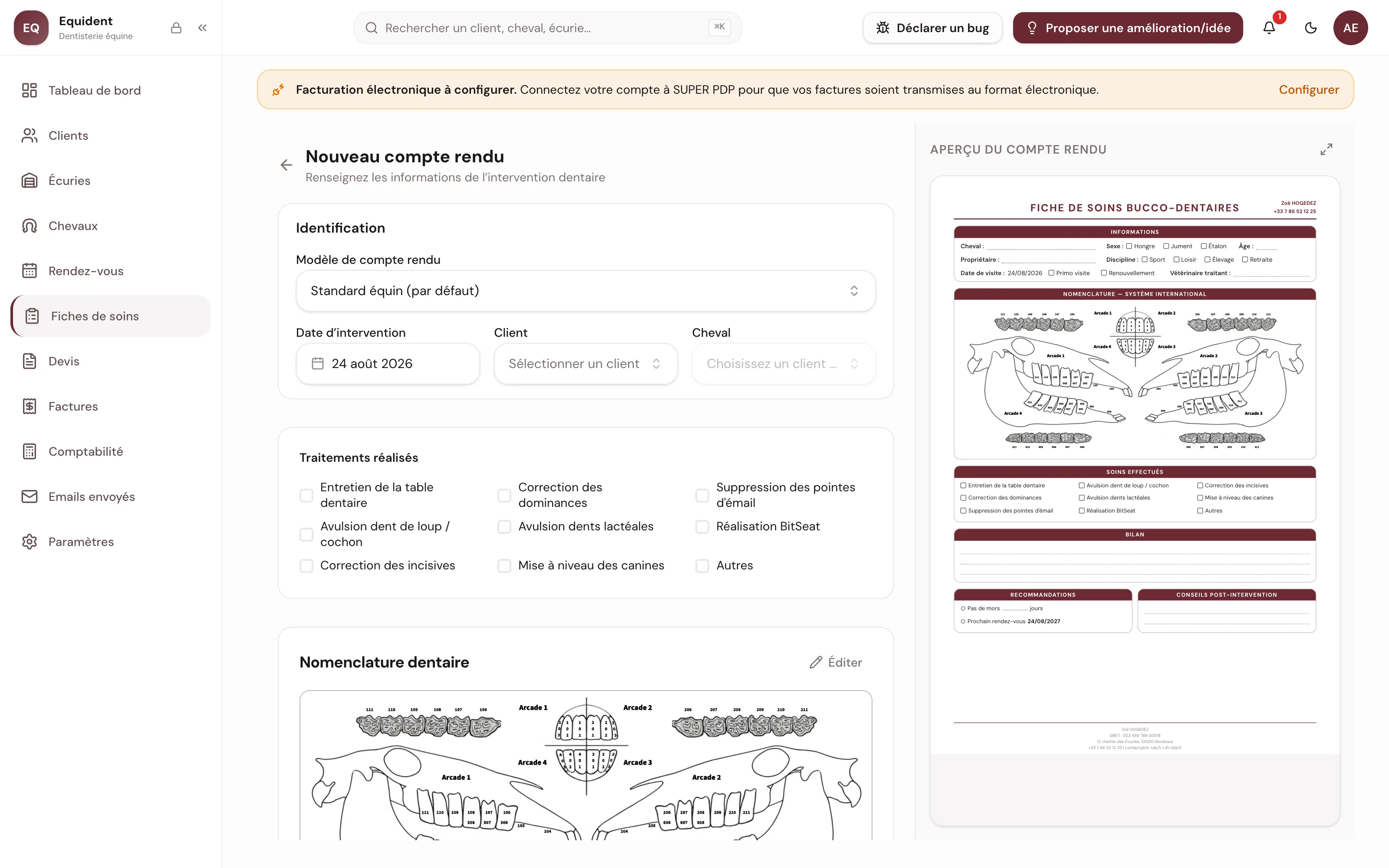 Le formulaire de compte rendu avec son schéma dentaire