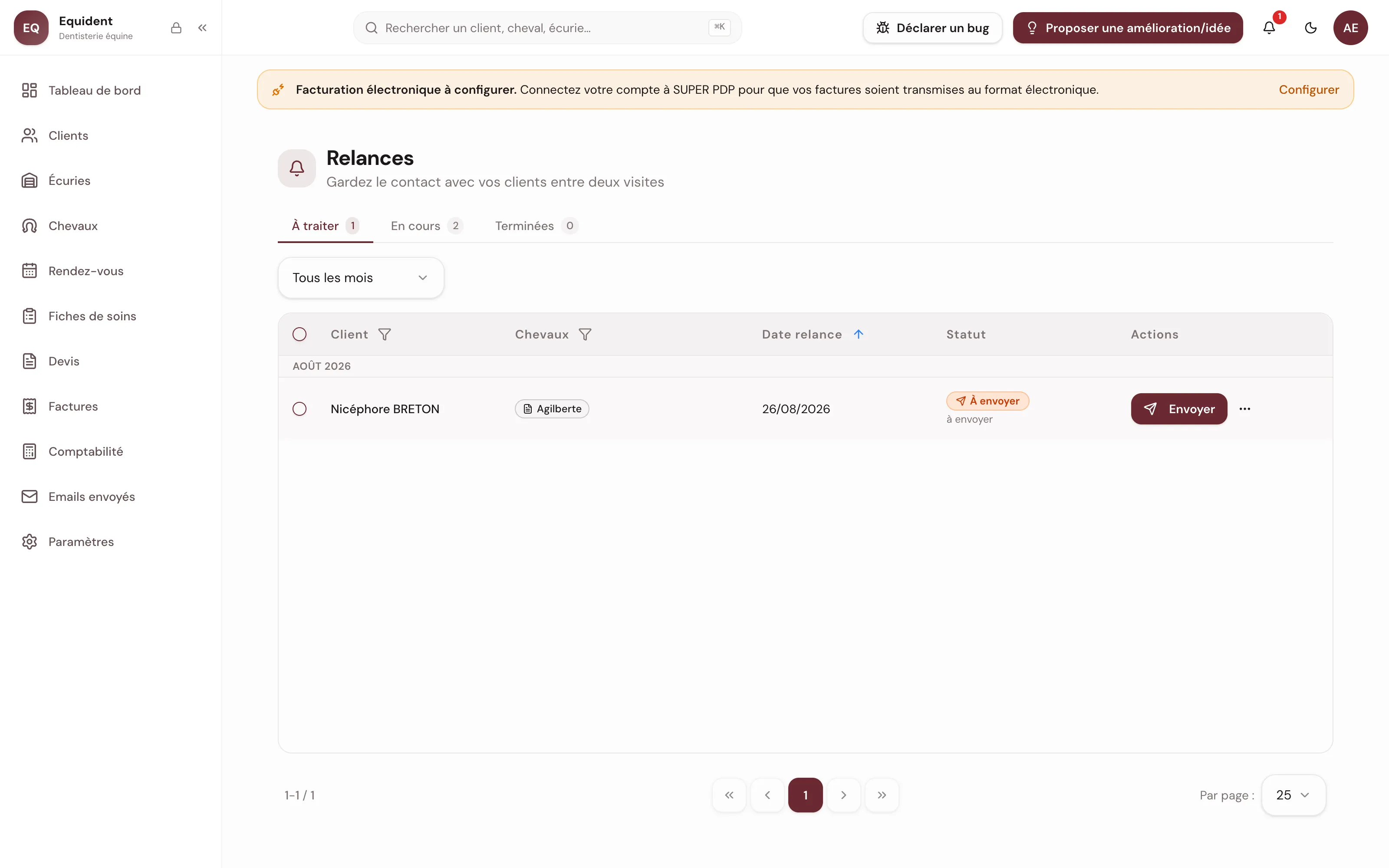 La page Relances et sa liste à traiter
