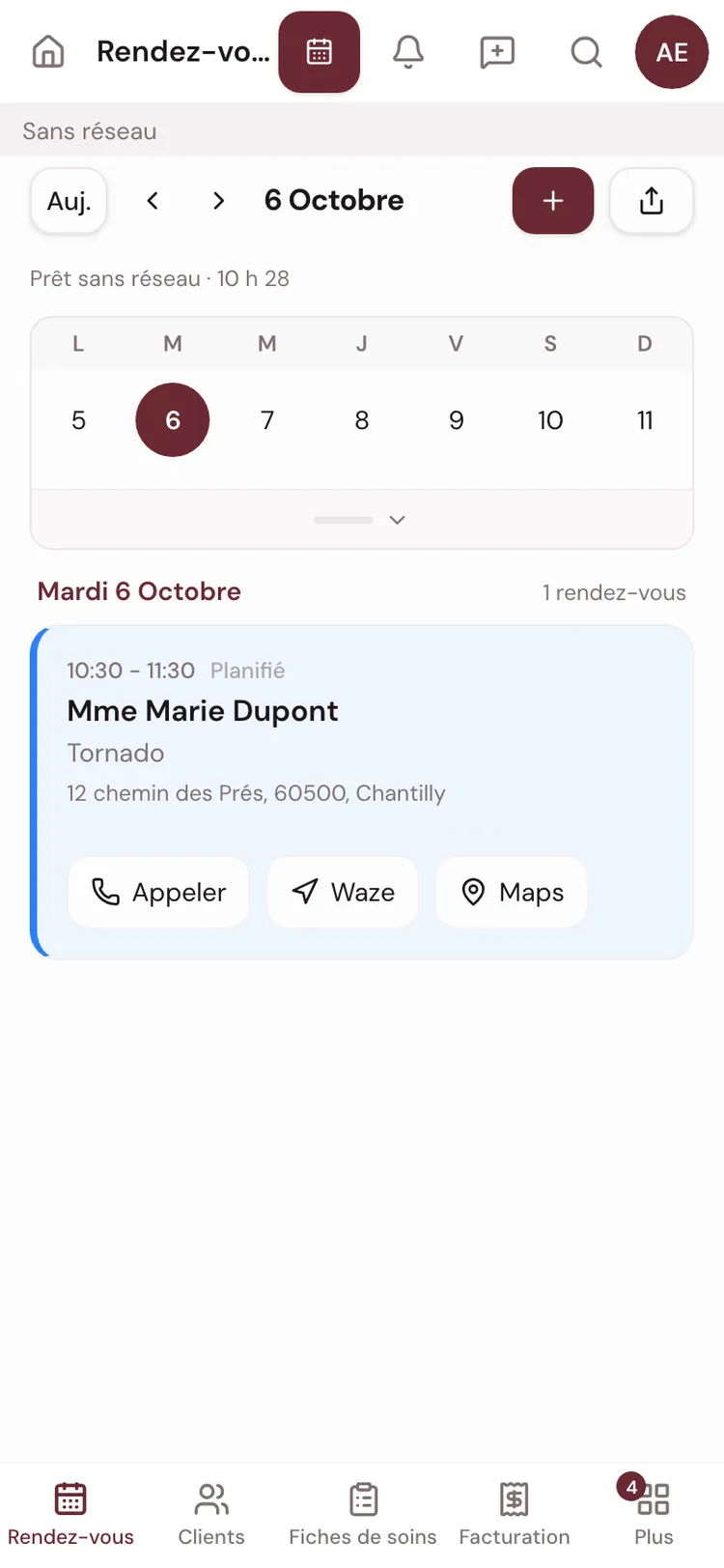 Le planning du jour sans réseau, avec la mention Prêt sans réseau sous la date