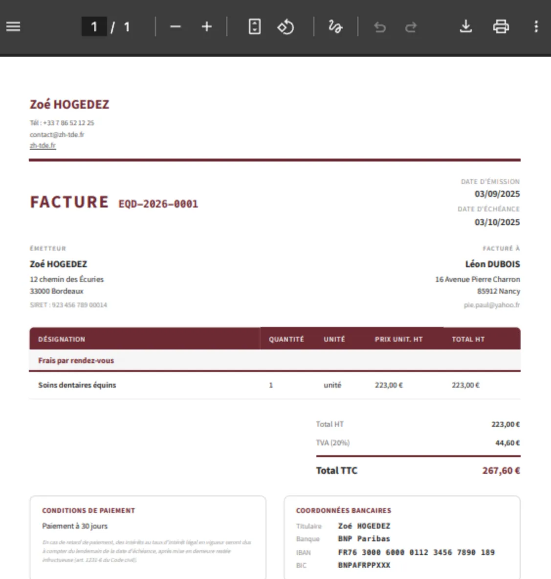 Facture générée depuis le rendez-vous, avec son PDF prêt à envoyer et ses totaux calculés