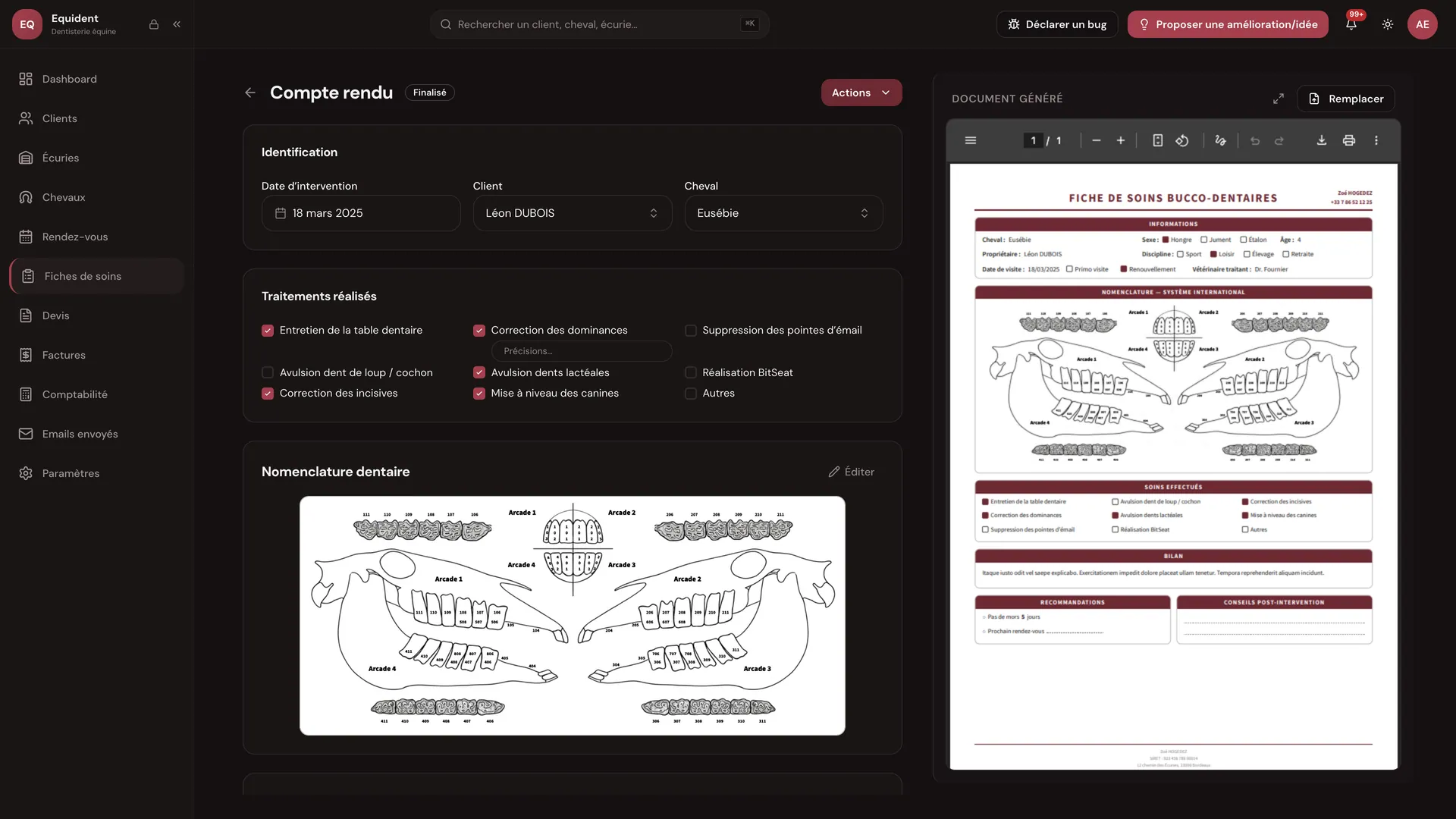 Fiche de soins avec le compte rendu PDF généré