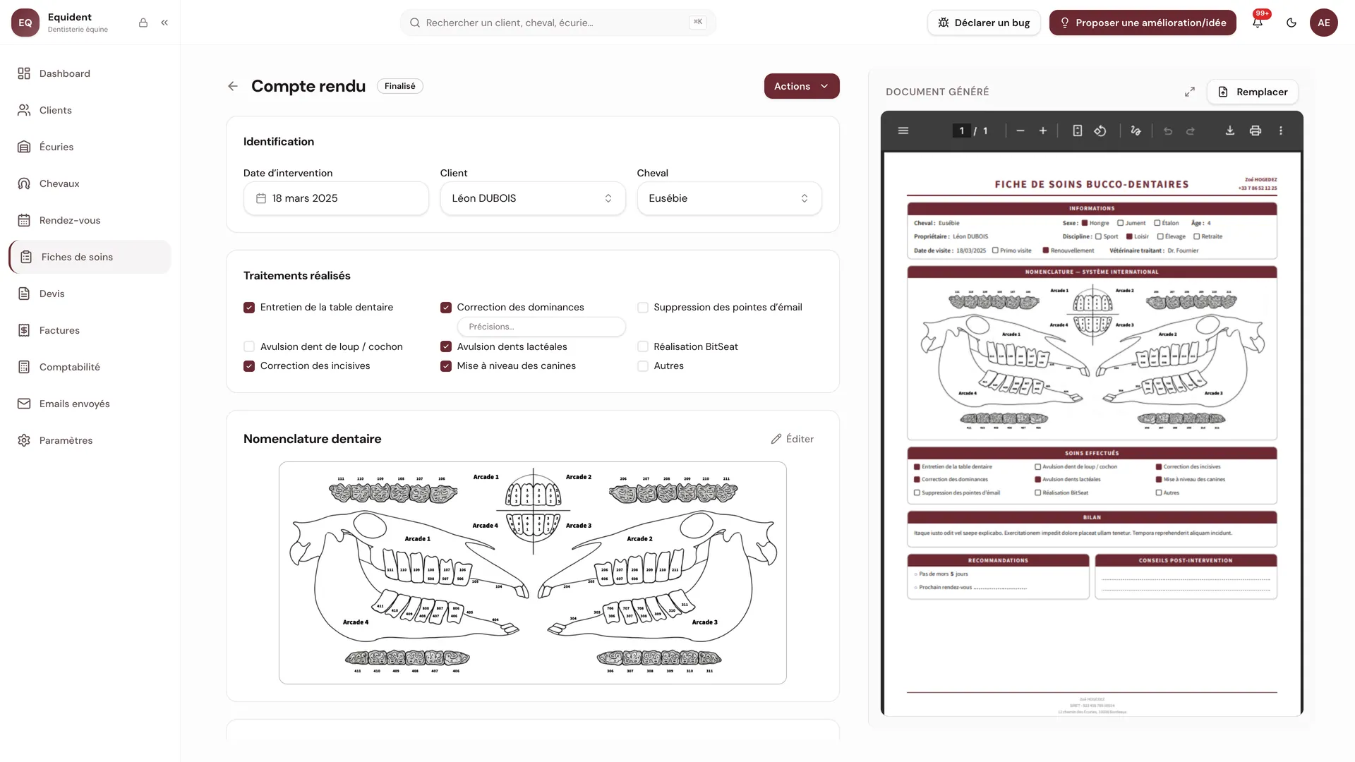Fiche de soins avec le compte rendu PDF généré